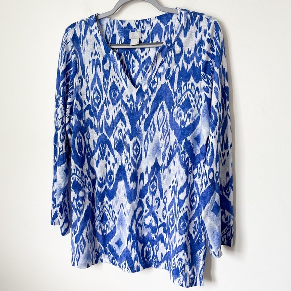 Chico's Ikat Linen Split Neck Tunic Top Womens Large Blue White Coastal Mature - Picture 2 of 9